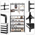 New Coat And Hat Stand 8 Hooks Metal Shoe Rack 5 Tiers Shelf Hanger Black UK - Image 5