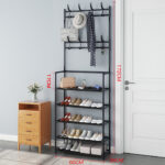 New Coat And Hat Stand 8 Hooks Metal Shoe Rack 5 Tiers Shelf Hanger Black UK - Image 4