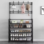 New Coat And Hat Stand 8 Hooks Metal Shoe Rack 5 Tiers Shelf Hanger Black UK - Image 10